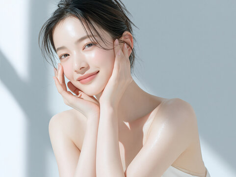 透明感と艶のある美しい肌の女性。モダンなテクスチャー。 美容、スキンケア、素材