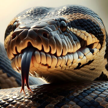 Head closeup of python or anaconda with tongue out in details.