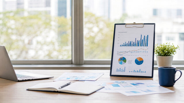KPI reports and clipboard on modern office desk