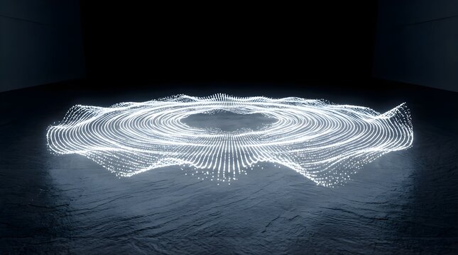 Glowing digital sound wave formation on dark stone floor for technology