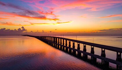Fototapeta premium Dramatic sunset over bridge silhouette and ocean, Florida Keys aerial view with colorful sky