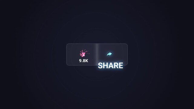 Social Media Share Button with Metrics: A modern digital interface displays a SHARE button illuminated with neon blue light, accompanied by a likes counter showing 9.8K.