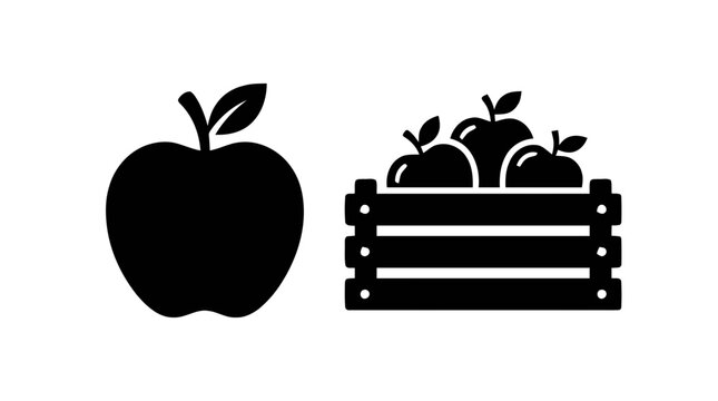 Vector illustration of apple and crate of apples icon set on a transparent background