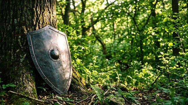 Medieval knight shield leaning against an ancient oak tree in a forest