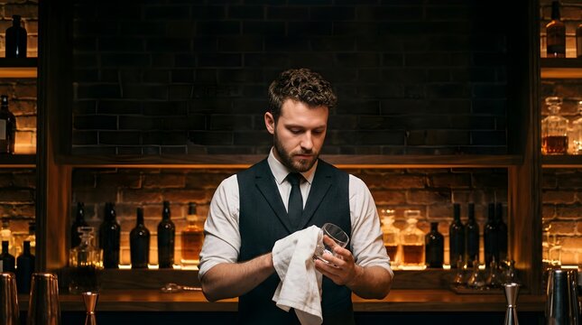 Professional bartender wiping glass behind a dimly lit rustic bar counter