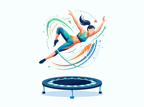 A dynamic illustration of a woman jumping high on a fitness trampoline.
