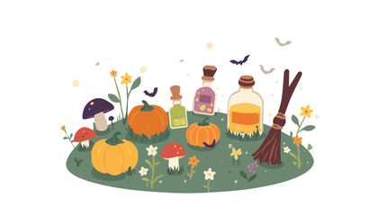 Fototapeta premium Whimsical Halloween Witch Magical Garden Editable Vector