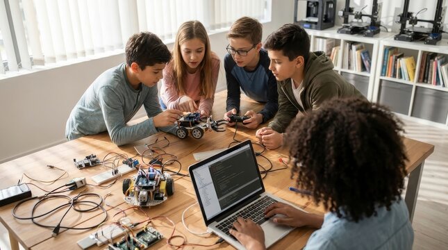Diverse group of kids gathered around a table, actively engaged in building and programming robots, a hands-on STEM education experience.