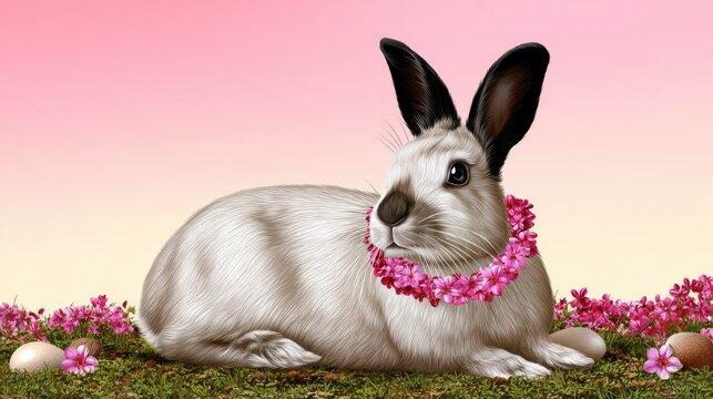Rabbit with pink flower garland on moss background