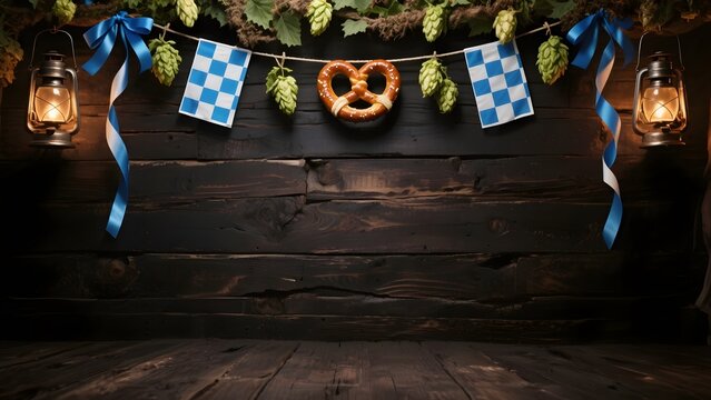 Oktoberfest Background with Dark Wooden Wall and Bavarian Decorations Hanging Across the Top, Rustic Festival Banner