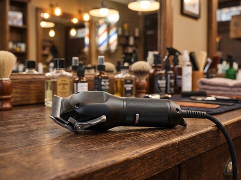 Professional hair clippers on barber shop counter