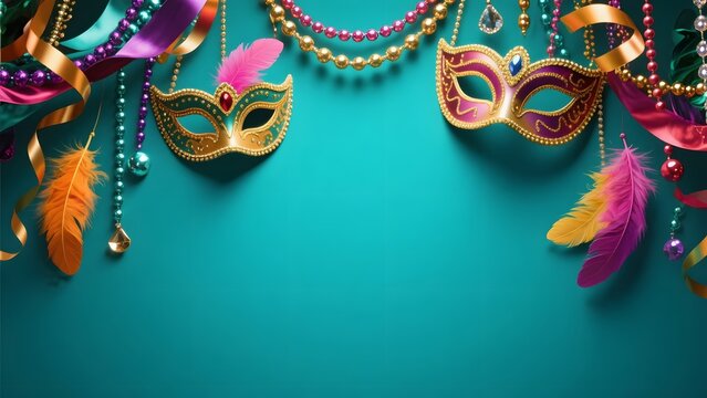 Festive Carnival Background with Dark Teal Wall and Colorful Mask Garland Hanging Above, Vibrant Celebration Copy Space
