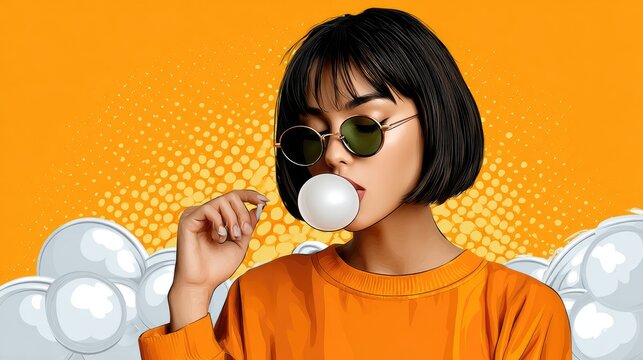Woman blowing bubblegum bubble graphic style portrait