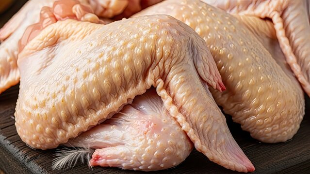 Raw chicken wings close-up, textured skin, showing details of meat and bone structure