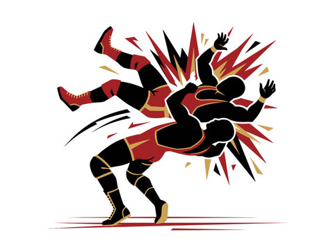 Dynamic illustration of two wrestlers performing a powerful takedown maneuver.