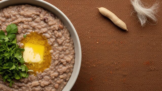 Gourmet creamy dikgobe samp and beans with butter pool, minimalist presentation with earth-toned copy space