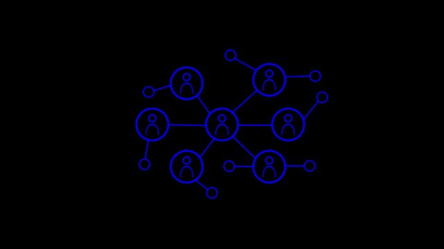 lack animated social network icon displaying a network of connected people with peripheral circle nodes for illustrating teamwork, global connectivity, human relationships, digital communication,