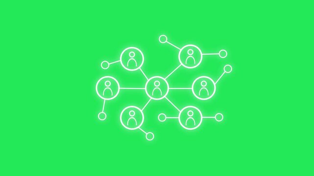 lack animated social network icon displaying a network of connected people with peripheral circle nodes for illustrating teamwork, global connectivity, human relationships, digital communication,