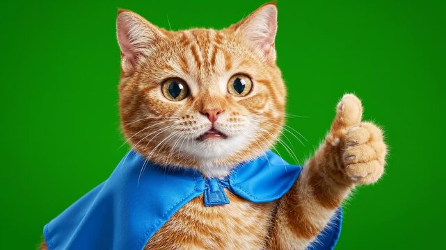 Ginger superhero cat showing thumbs up on green screen