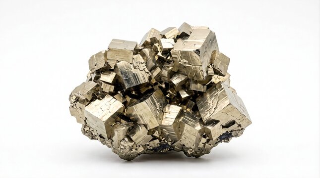 Natural pyrite specimen featuring clustered metallic cubic crystal formations with a distinctive golden brassy appearance on a white background.