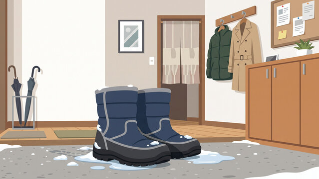 Vector illustration of winter snow boots in home entryway with melting snow