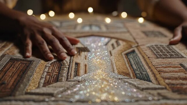 Hands touching a sparkling illuminated textile.