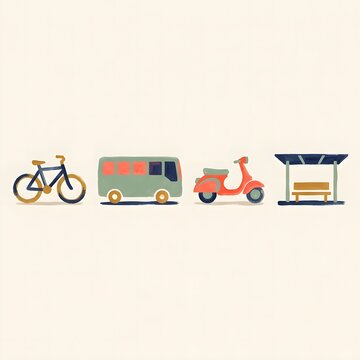 Public transport set in hand painted vector illustration style