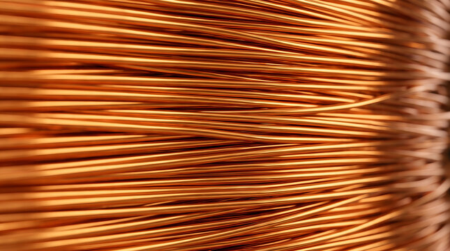Macro close up of tightly stacked raw copper wires and electrical cables, industrial metallic texture and abstract material background