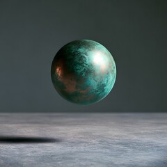 Fototapeta premium Copper Sphere with Verdigris Patina Hovering above Concrete Surface