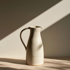 Fototapeta premium Tall Handmade Ceramic Pitcher with Diagonal Shadow on Warm Surface