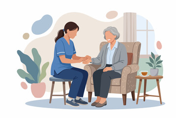 Obraz premium Professional Caregiver Supporting Senior Woman in Living Room