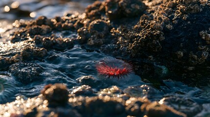 Fototapeta premium Crimson Sea Anemone in Tidal Pool on Volcanic Rock at Dawn