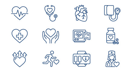 Fototapeta premium Collection of Medical Icons Heart Health Cardiology Healthcare ECG Stethoscope Blood Pressure Nurse