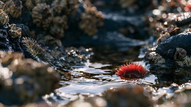 Red Sea Anemone in Natural Tidal Rock Pool with Warm Reflections