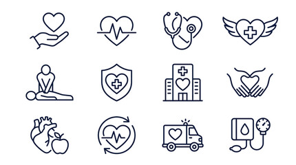 Fototapeta premium Medical Health Care Icons Set Heart Stethoscope Ambulance Hospital Blood Pressure CPR Isolated