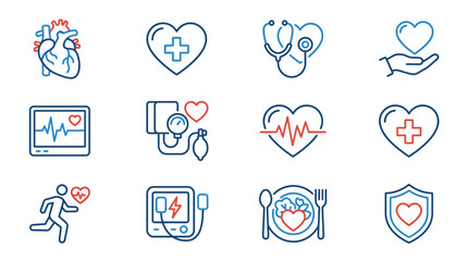 Fototapeta premium Set of Medical Icons Heart Health Cardiology Diagnosis Treatment and Healthy Lifestyle Concepts
