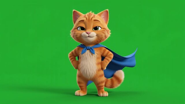 Cute orange cat superhero in blue cape standing on green screen