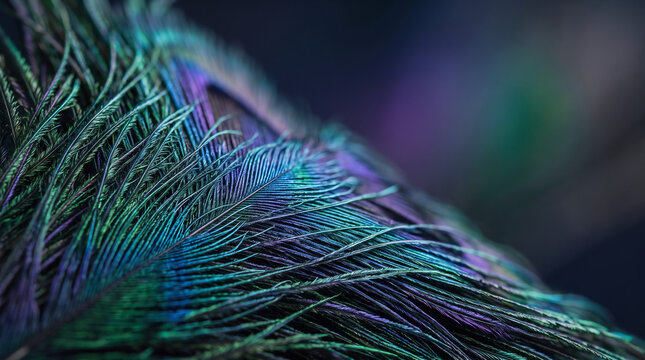 Macro close up of iridescent peacock feather with vibrant blue and green textures.
