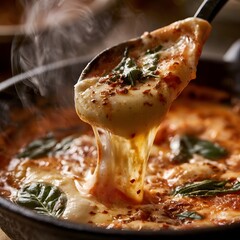 Fototapeta premium Fresh Mozzarella Pull Tomato Sauce Skillet with Basil and Spice