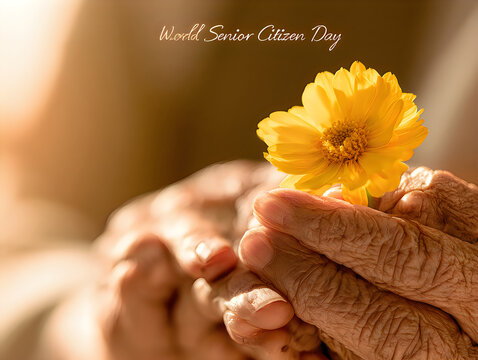 A close up of elderly wrinkled hands holding a bright yellow flower for world senior citizen day