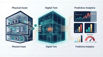 Fototapeta na wymiar The process shows physical assets connected to a digital twin with predictive analytics for construction projects.