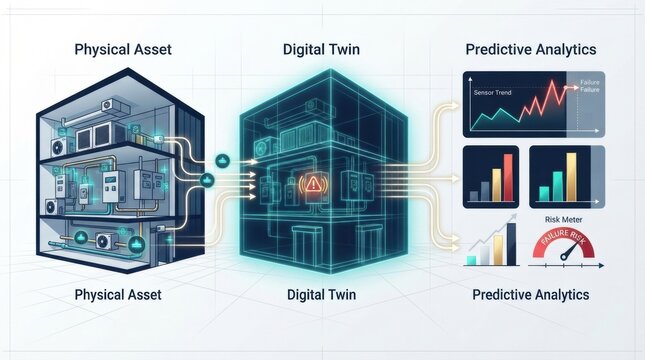 The process shows physical assets connected to a digital twin with predictive analytics for construction projects.