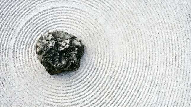 Zen garden sand with concentric circles and a single stone for meditation