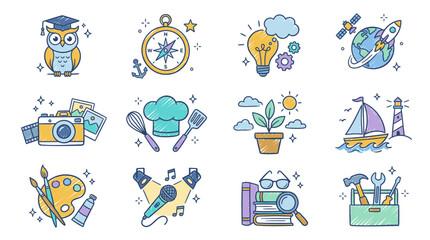 Fototapeta premium Academic and professional icons portraying a wise owl, navigational compass, lightbulb idea, planetary rocket, vintage camera, chef hat, potted plant, sailboat, painter palette, microphone, books.