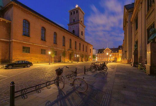 Church of Our Lady and Historic Street at Night in Copenhagen Denmark