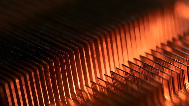 Dramatic Angled View of Copper Heatsink Fins with Orange Center Glow