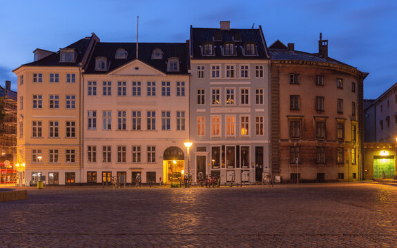 Historic Buildings at Gammeltorv Square at Night in Copenhagen Denmark