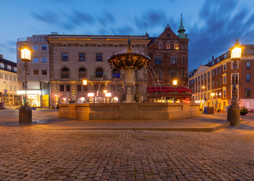 Stork Fountain at Amagertorv Square at Blue Hour in Copenhagen Denmark
