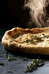 Fototapeta premium Whole Goat Cheese Tart Low-Angle View with Curling Steam and Thyme