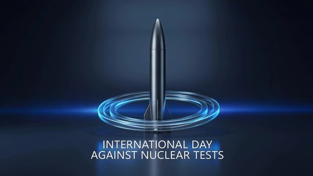 Symbolic Nuclear Missile with Blue Orbital Ring for International Nuclear Test Awareness Campaign